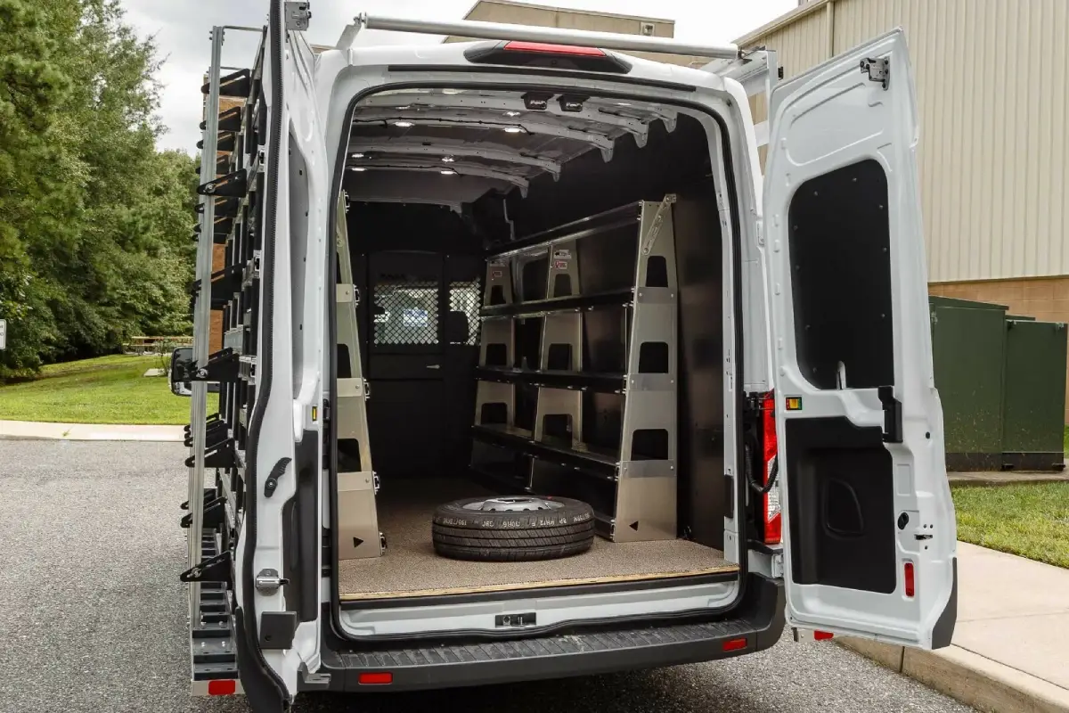 Shelved commercial cargo van configured for mobile service work